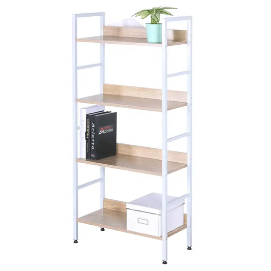 Een witte, vierlaagse boekenkast met houten planken, gevuld met boeken, een plant en een opbergdoos, ideaal voor woon- of kantoorruimte. Perfect voor kleine ruimtes en organisatie.