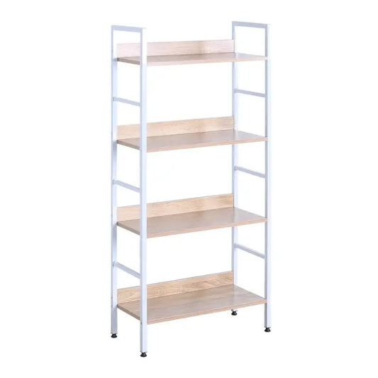 Een wit metalen boekenkast met houten planken, gevuld met boeken, een plant en een opbergdoos, ideaal voor woonkamer of kantoor. Perfect voor opslag en decoratie in kleine ruimtes.