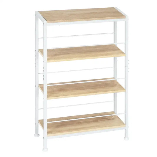 Een witte, vierlaagse opbergkast met houten planken in lichte eikenkleur, geschikt voor kantoor of woonruimte. Ideaal voor het opbergen van boeken, decoraties of kantoorbenodigdheden.