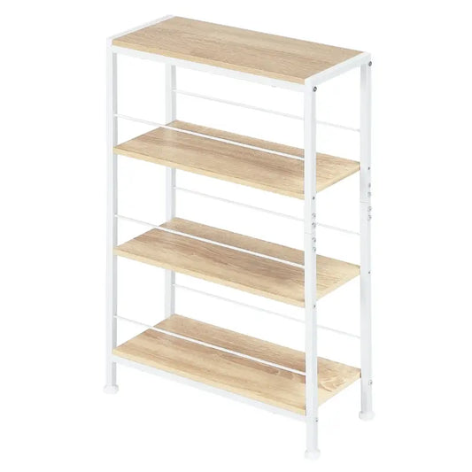 Een witte metalen kast met vier houten planken, geschikt voor opslag in de keuken of woonkamer. De planken hebben een lichte eikenkleur en zijn stevig bevestigd aan de frame.