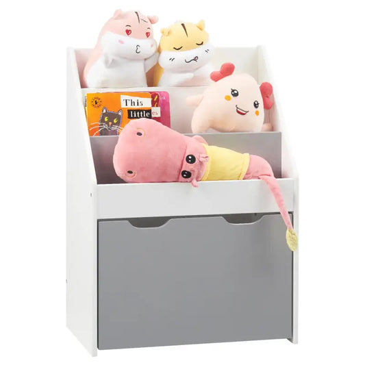Een witte kinderboekenkast met grijze lade, gevuld met pluche dieren en kinderboeken, ideaal voor speelruimte en opbergen. Perfect voor kinderkamerorganisatie en speelgoedopslag.