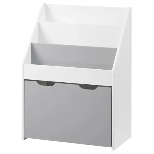 Een wit houten kinderboekenkast met grijze lade, gevuld met kleurrijke pluche dieren en kinderboeken, ideaal voor speelruimte en speelgoedopslag in een kinderkamer.