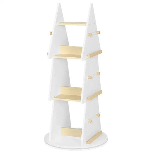 Een witte, driehoekige kinderboekenkast met houten planken en houten knoppen, geschikt voor speelkamer of kinderkamer. Ideaal voor kinderen om boeken en speelgoed op te slaan.