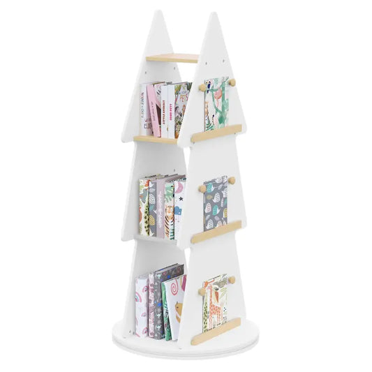 Een witte, driehoekige kinderboekenkast met houten planken en houten knoppen. Geschikt voor speelkamer of slaapkamer, ideaal voor kinderen die hun boeken en speelgoed op een speelse manier willen opbergen.