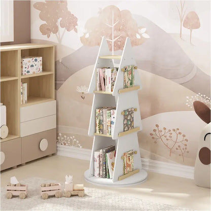BukkitBow - Boekenkast voor Kinderen - Kinderboekenkast met 360° Draaibare Plank - Kerstboom/Boomvorm - 4 Planken en Ophanghaken - Wit/Bruin Hout