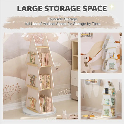 BukkitBow - Boekenkast voor Kinderen - Kinderboekenkast met 360° Draaibare Plank - Kerstboom/Boomvorm - 4 Planken en Ophanghaken - Wit/Bruin Hout