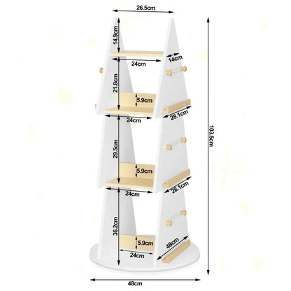 BukkitBow - Boekenkast voor Kinderen - Kinderboekenkast met 360° Draaibare Plank - Kerstboom/Boomvorm - 4 Planken en Ophanghaken - Wit/Bruin Hout