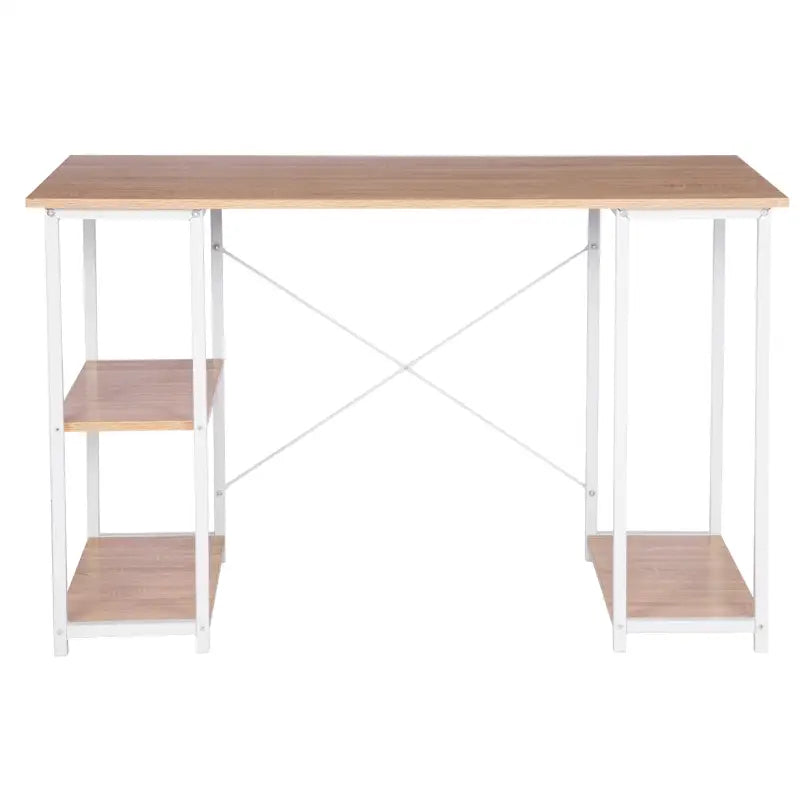 Een moderne houten bureau met witte metalen poten en ondersteunende planken, geschikt voor thuiswerk of studie. Gebruik deze tafel voor productief werken of studie in een minimalistische stijl.