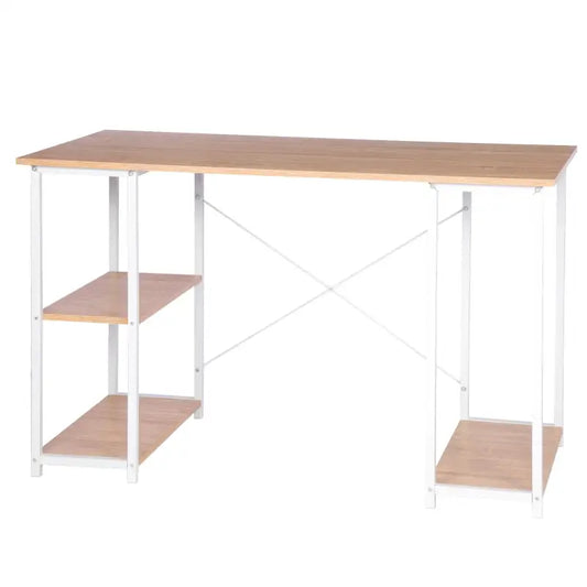 Een moderne houten bureau met witte metalen poten en ondersteunende planken, ideaal voor thuiswerken of studie. Geschikt voor kantoor- en studieomgevingen met minimalistisch design.