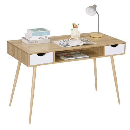 Een houten schrijftafel met witte laden en houten poten, voorzien van een open plank en een bureaulamp. Ideaal voor een moderne werkplek of studiehoek.