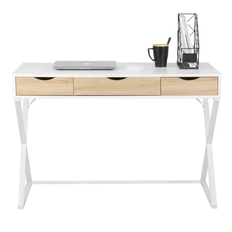 BukkitBow - Bureau met 3 Laden - Hout en Metaal - Wit - Waterdicht en Krasbestendig Design - 110x50cm