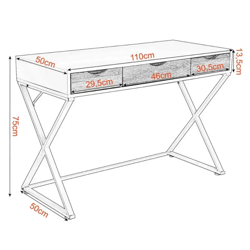 BukkitBow - Bureau met 3 Laden - Hout en Metaal - Wit - Waterdicht en Krasbestendig Design - 110x50cm