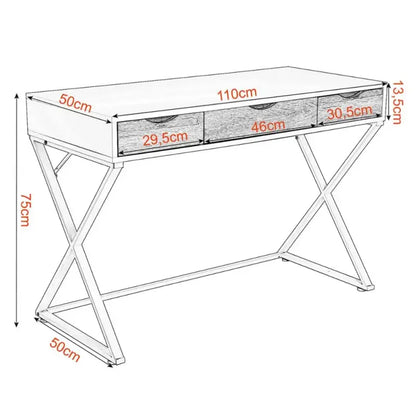 BukkitBow - Bureau met 3 Laden - Hout en Metaal - Wit - Waterdicht en Krasbestendig Design - 110x50cm