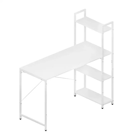 Een witte, minimalistische hoektafel met een gladde werkblad en een bijpassende, vierlaagse opbergkast. Geschikt voor thuiswerk of studie, met een moderne, ruimtebesparende ontwerp.