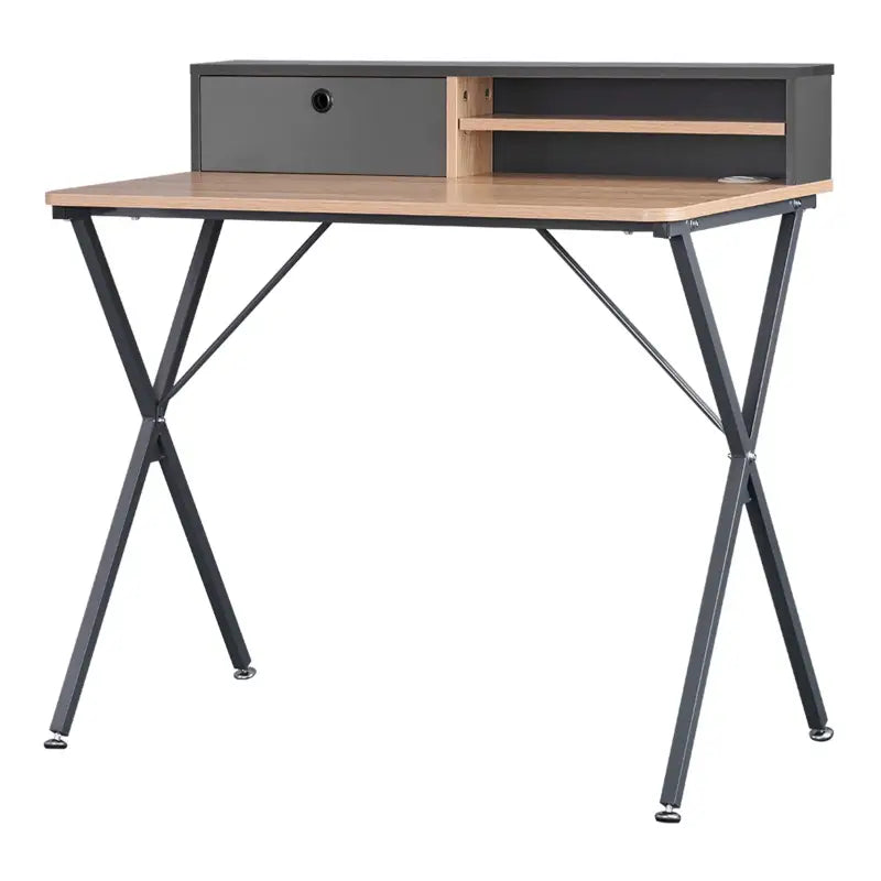 BukkitBow - Bureau / Studietafel - Stalen Frame - Licht Eikenhout - met Lade en Opbergvakken - Meebewegende Poten - 90x50cm