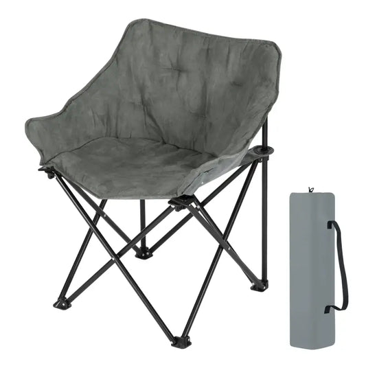 Grijs vouwstoel met stoffen bekleding en zwart metalen frame, uitgerust met opbergzak voor kamperen en buitenactiviteiten. Compact en comfortabel voor reizen en picknicks.