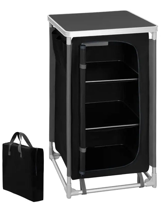 Zwart opvouwbare wasmand met metalen frame en drie planken, geschikt voor wasgoed en kleding. Geleverd met een zwarte opbergzak voor gemakkelijke opslag.