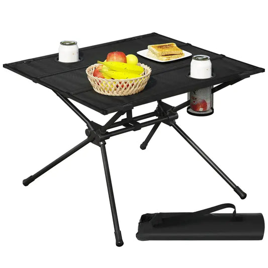Zwart opvouwbare tafel met mesh drinkhouder en opvouwbare standaard, geschikt voor kantoor of kampeerreis. Compacte opbergzak voor gemakkelijke transport.