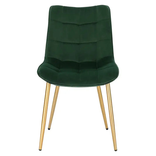 Groene fluweelstoelen met gestoffeerde, kussensachtige zitting en rugleuning, voorzien van goudkleurige metalen poten. Perfect voor moderne eetkamer- of woonkamermeubels.