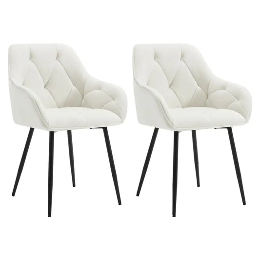 Zachte witte stoelen met gestikt bekleding en zwarte metalen poten, ideaal voor moderne eetkamer of woonkamer. Stijlvolle designstoelen voor comfortabele zithoeken.