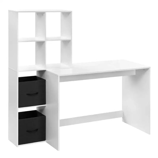 Een witte, moderne studie-tafel met opbergvakken, inclusief zwarte ladekasten en open planken. Ideaal voor een minimalistische werkplek of kantoorruimte met opslagfunctie.