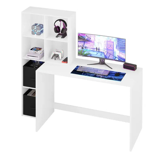Een witte schrijftafel met opbergvakken, inclusief een bovenste open kast en twee zwarte lades aan de zijkant, geschikt voor thuiswerken of studie. Modern design voor een gestructureerde werkplek.