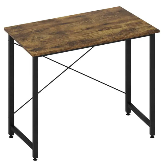 Een industriële houten bureau met donkerbruine, gestructureerde oppervlak en zwarte metalen poten met kruisbeugels. Geschikt voor thuiswerk of kantoor, met een robuust en stijlvol design.