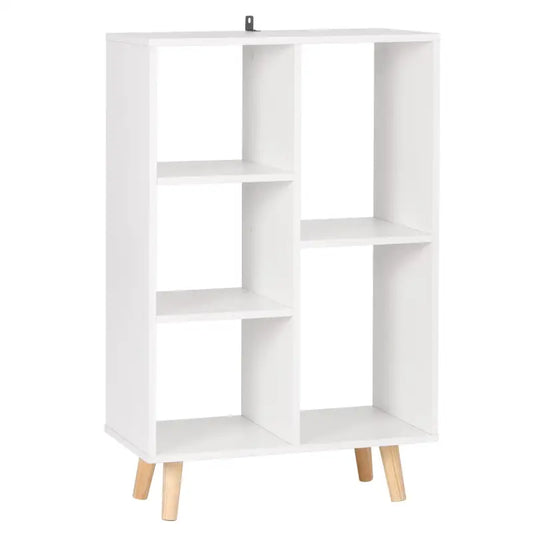 Een witte, minimalistische boekenkast met houten poten, geschikt voor moderne woonkamers. Ideaal voor het opbergen van boeken, decoraties of elektronica in een stijlvolle, lichte ruimte.
