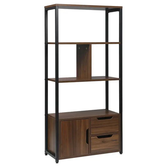 Donkerbruine houten boekenkast met zwart metalen frame, drie planken en onderste gedeelte met een deur en twee laden, geschikt voor woonkamer of slaapkamer opslag.