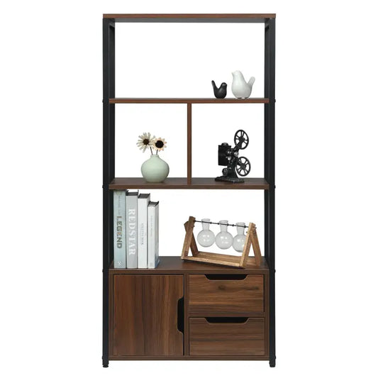 Donkerbruine houten boekenkast met zwart metalen frame, drie planken en onderste gedeelte met een deur en twee laden, geschikt voor woonkamer of kantooropslag.