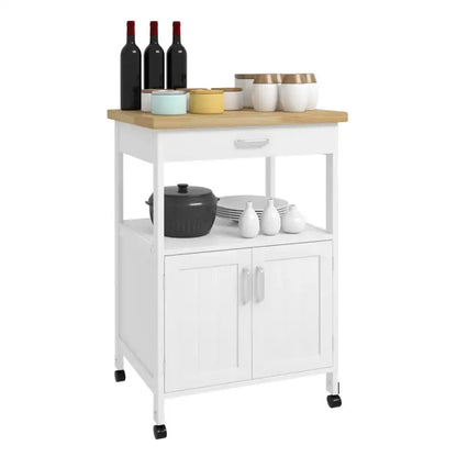 BukkitBow - Compacte Keukentrolley met Rubberhout Werkblad, Diverse Opbergmogelijkheden - 60x90x44.5cm