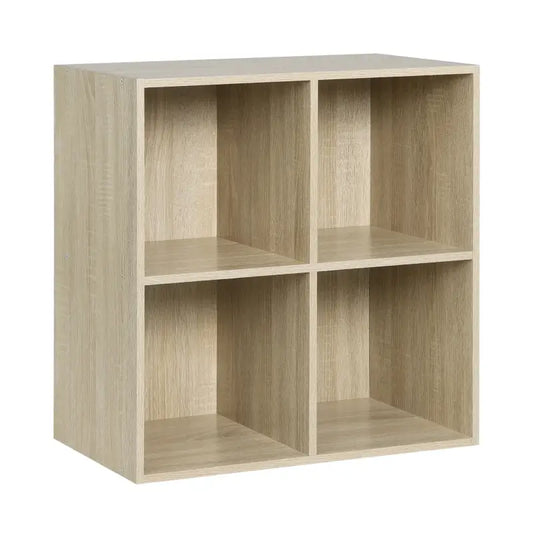 Lichtgekleurd houten kubusrek met vier vakken, geschikt voor woonkamer of slaapkamer. Geschikt voor opslag van boeken, decoratie of speelgoed.