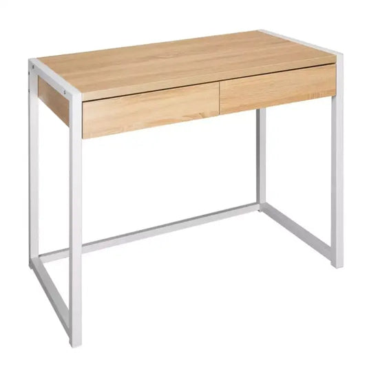 Een minimalistisch houten bureau met witte metalen poten en twee lades, geschikt voor thuiswerken of studeren. Modern design met natuurlijk houtlook en functionele opbergmogelijkheden.