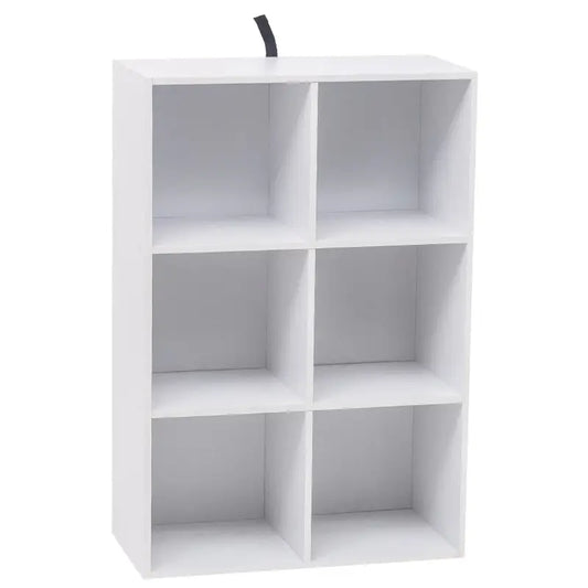 Een witte, vierkante opbergkast met zes vakken, geschikt voor kantoor of woonruimte. De kast heeft een minimalistisch ontwerp en een zwarte handgreep bovenaan voor gemakkelijke verplaatsing.