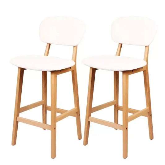Een set van twee witte hoge barkrukken met houten poten, geschikt voor moderne keukens of bars. De zittingen en rugleuningen zijn bekleed met wit kunstleer voor comfort.