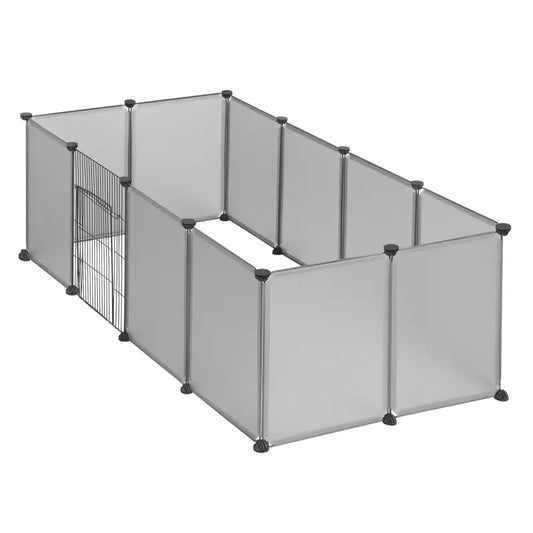 Grijs, op maat te monteren hok voor huisdieren, met mesh-panelen en een metalen deur. Geschikt voor honden of katten, met verstelbare afmetingen voor binnen- en buitengebruik.
