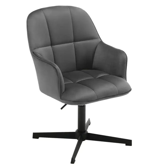 Grijze, gepolsterde bureaustoel met zachte, gestikte bekleding en zwarte metalen basis. Ideaal voor kantoor- of thuiswerkplekken waar comfort en stijl belangrijk zijn.