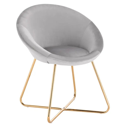 Grijze, fluweelbeklede bolstoel met goudkleurige metalen poten, ideaal voor moderne woonkamer of kantoor. Stijlvol design voor comfortabele zithoek of als accentstoel.