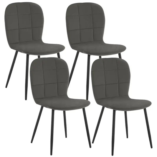 Grijze, gestoffeerde eetkamerstoelen met vierkante quilting en zwarte metalen poten, geschikt voor moderne interieurs. Set van vier, ideaal voor eetkamer of woonkamer.