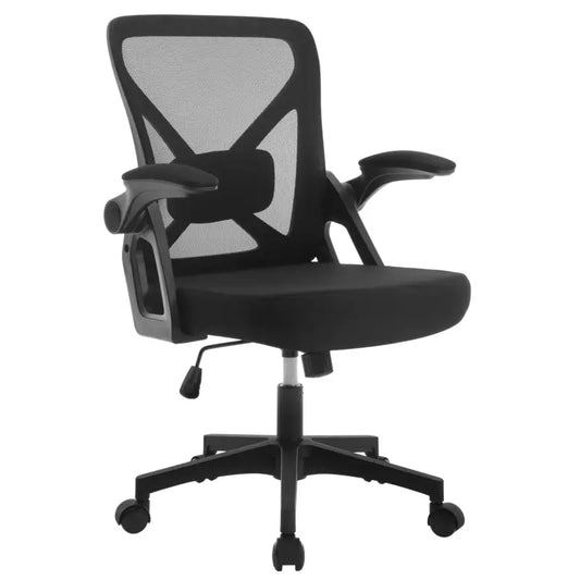 Zwarte ergonomische kantoorkruk met mesh rugleuning en verstelbare armleuningen, geschikt voor langdurig werken. Voorzien van een zitvlak, wielen en een hoogteverstellingsschakelaar.