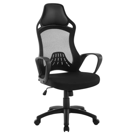 Zwarte gamingstoel met mesh rug, verstelbare armleuningen en rollen, geschikt voor langdurig gebruik. Ideaal voor gaming of kantoorwerk met comfortabele ondersteuning.