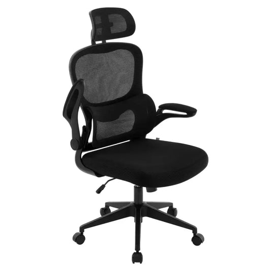 Zwarte ergonomische kantoorkruk met mesh rugleuning en verstelbare armleuningen, geschikt voor langdurig werken. Voorzien van hoofdsteun en wieltjes voor gemakkelijke beweging in kantoor- en thuisomgeving.