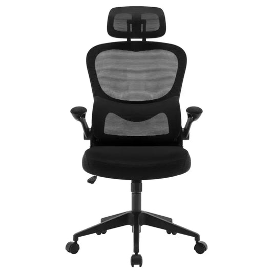 Zwarte ergonomische kantoorkruk met mesh rugleuning en verstelbare armleuningen, geschikt voor langdurig werken. Met hoofdsteun en wieltjes voor comfortabele beweging in kantoor- en thuiswerkomgevingen.