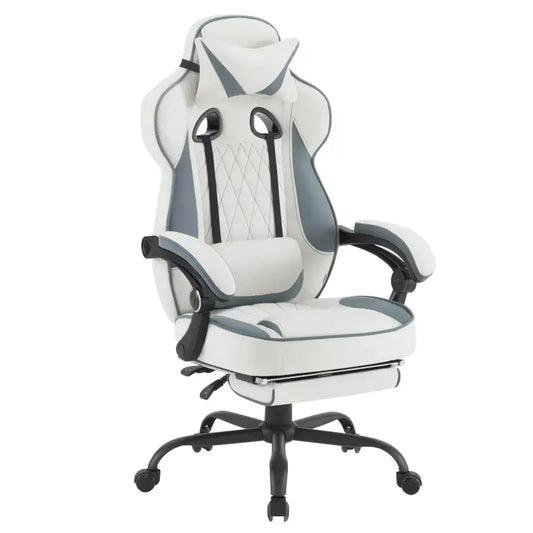 Een witte gamingstoel met grijze accenten en zwart leer, uitgerust met verstelbare armleuningen en een hoofdsteun. Ideaal voor langdurig spelen of werken, met een comfortabele zitting en een stijlvolle, moderne uitstraling.