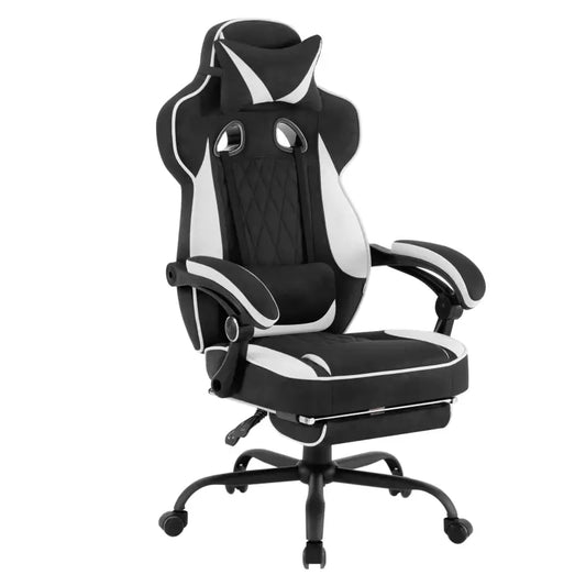 Een witte gamingstoel met grijze accenten en zwart leer, uitgerust met verstelbare armleuningen en een hoofdsteun voor comfort tijdens langdurig spelen of werken. Geschikt voor gamers en kantoormedewerkers die stijl en ondersteuning waarderen.