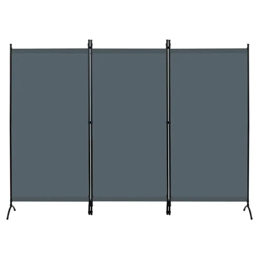 Grijze, vouwbare ruimteverdeling met zwarte metalen frame en stabilisatievoeten, geschikt voor kantoor of thuis. Ideaal voor privacy en lichtregeling in open ruimtes.