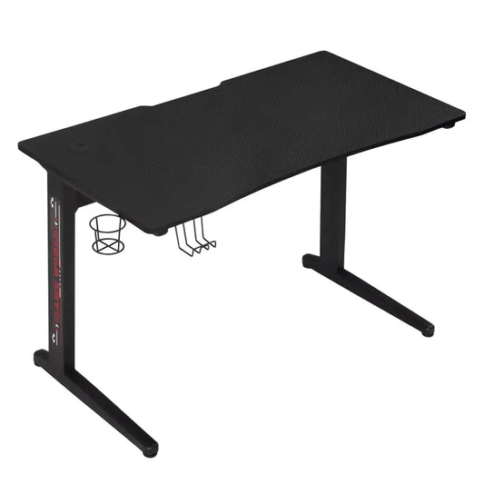 Zwarte gamingtafel met golvend blad en metalen onderstel, uitgerust met kabelmanagement en drinkhouder. Ideaal voor gamers en thuisbureaus met moderne, functionele design.