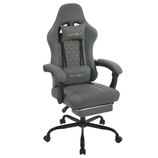Grijze gamingstoel met goudkleurige logo’s en stijlvolle stoffen bekleding, uitgerust met verstelbare armleuningen en een draaibare basis voor comfortabel spelen of werken. Ideaal voor gamers en kantoormeubilair.