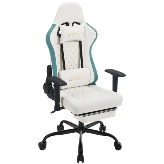 Een witte gamingstoel met turquoise accenten en goudkleurige logo’s, voorzien van verstelbare armleuningen en een kussen voor optimale rugsteun tijdens langdurig spelen of werken.