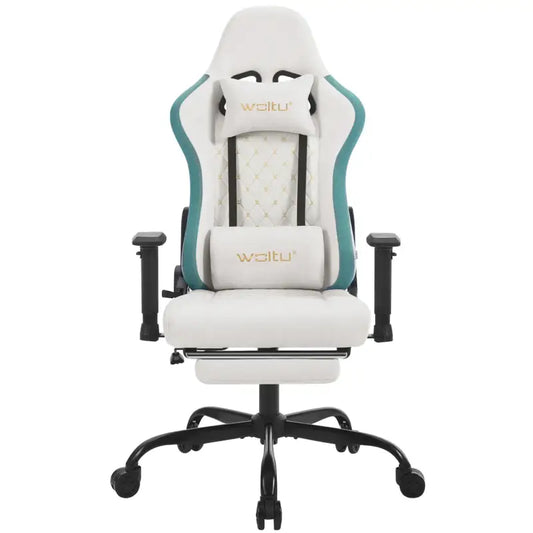 Een witte gamingstoel met turquoise accenten en goudkleurige logo’s, uitgerust met verstelbare armleuningen en een kussen voor langdurig comfort tijdens gaming of thuiswerken.